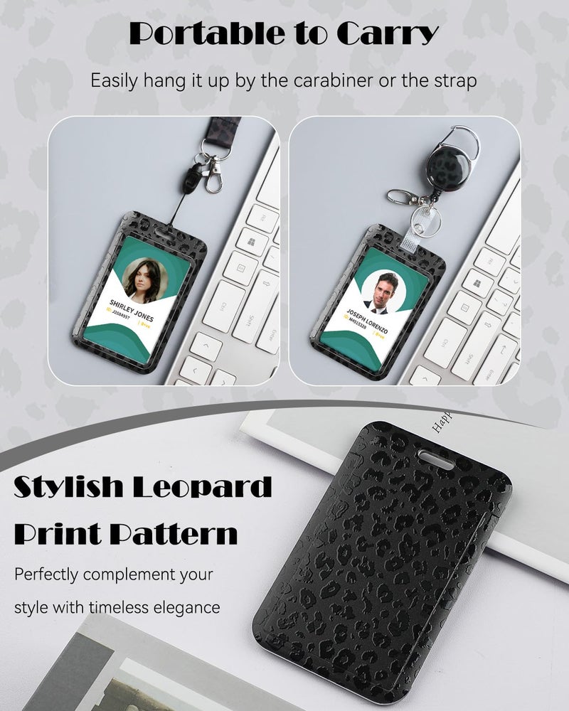 Uniclife Fashionable Sliding Badge Holder Black Leopard Print Plastic Card Holder with Retractable Badge Reel Carabiner & Detachable Lanyard Vertical Card Protector for Office Worker Teacher Student - Image 3