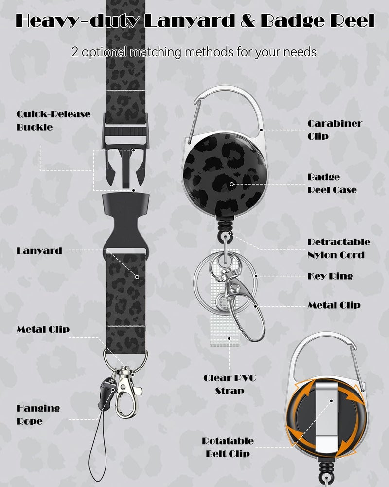 Uniclife Fashionable Sliding Badge Holder Black Leopard Print Plastic Card Holder with Retractable Badge Reel Carabiner & Detachable Lanyard Vertical Card Protector for Office Worker Teacher Student - Image 4
