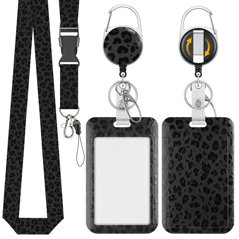 Uniclife Fashionable Sliding Badge Holder Black Leopard Print Plastic Card Holder with Retractable Badge Reel Carabiner & Detachable Lanyard Vertical Card Protector for Office Worker Teacher Student - Image 1