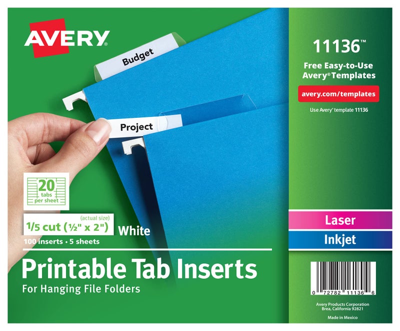 AVERY أفيري إدخالات علامات قابلة للطباعة لملفات التعليق، 1/2" × 2"، قطع 1/5، أبيض، 100 إدخال علامة فهرس (11136) - Image 1