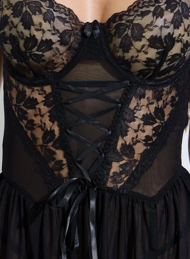 Styli Black Black Floral Lace Mesh Underwired Babydoll with Brief and Garters for Women | Best Price UAE