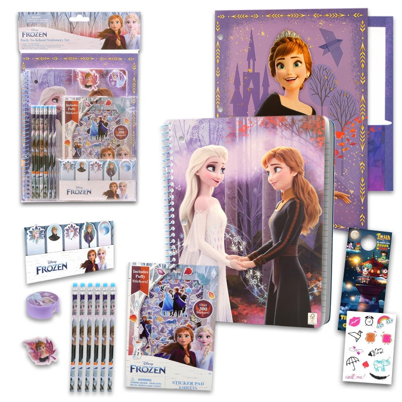 Disney Frozen School Stationery Set - Includes a Portfolio Folder, Notebook, Eraser, Sharpener, Pencil, Tattoos and More | Frozen Back to School Supplies - Image 1