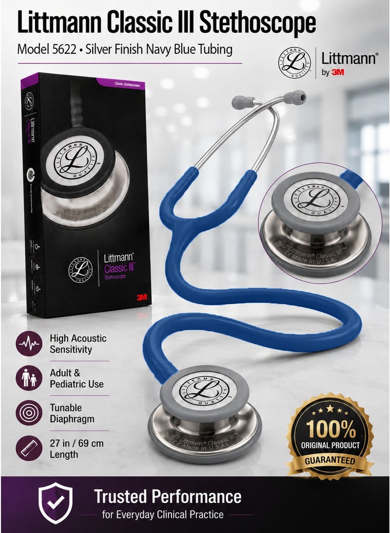 3M Littmann Classic III Monitoring Stethoscope Model 5622, Premium Silver-Finish Stainless Steel Dual-Sided Chestpiece, Navy Blue Tubing, Adult and Pediatric Tunable Diaphragms, Soft-Sealing Eartips, Non-Chill Bell Sleeve, 27 Inch / 69 cm - Image 1