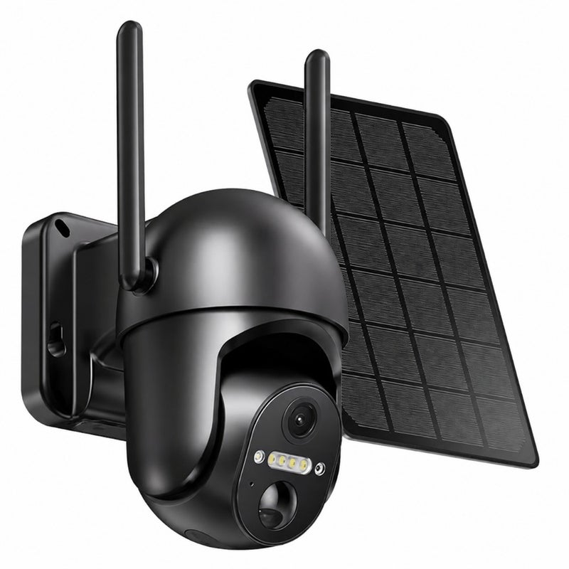 كاميرا أمان خارجية تعمل بالطاقة الشمسية مع عرض 2K 360 درجة، تعمل بالبطارية، ومزودة بتقنية WiFi، ورؤية ليلية ملونة، ومستشعر PIR، وغطاء من الألومنيوم الأسود - Image 1