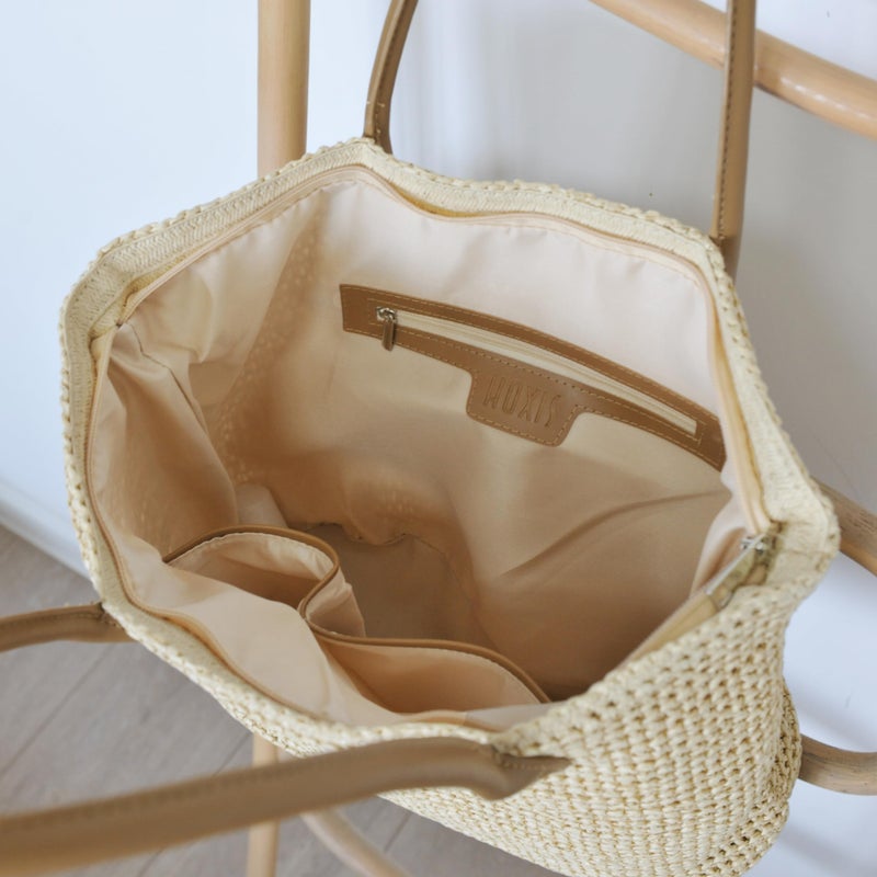 Hoxis Striped Synthetic Straw Women's Tote Light Weight Vaction Shoulder Handbag (Brown) - Image 5