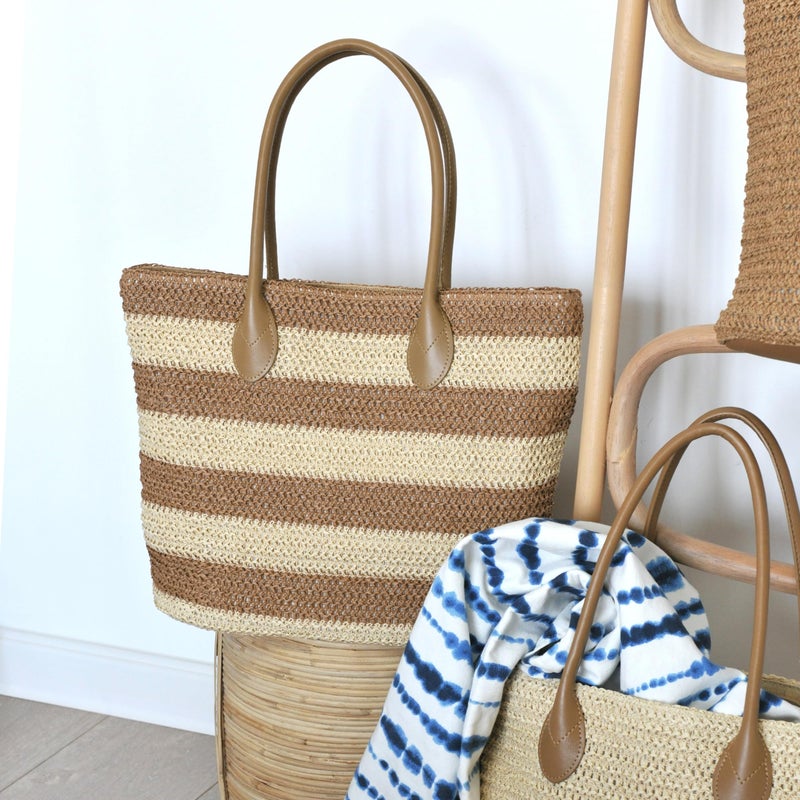 Hoxis Striped Synthetic Straw Women's Tote Light Weight Vaction Shoulder Handbag (Brown) - Image 2