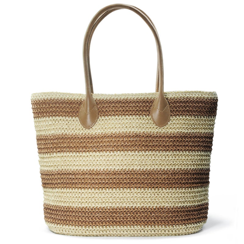Hoxis Striped Synthetic Straw Women's Tote Light Weight Vaction Shoulder Handbag (Brown) - Image 1