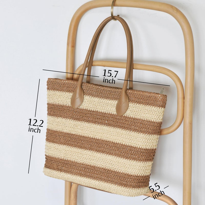 Hoxis Striped Synthetic Straw Women's Tote Light Weight Vaction Shoulder Handbag (Brown) - Image 4