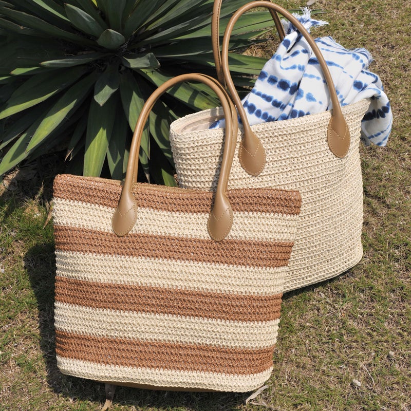Hoxis Striped Synthetic Straw Women's Tote Light Weight Vaction Shoulder Handbag (Brown) - Image 3