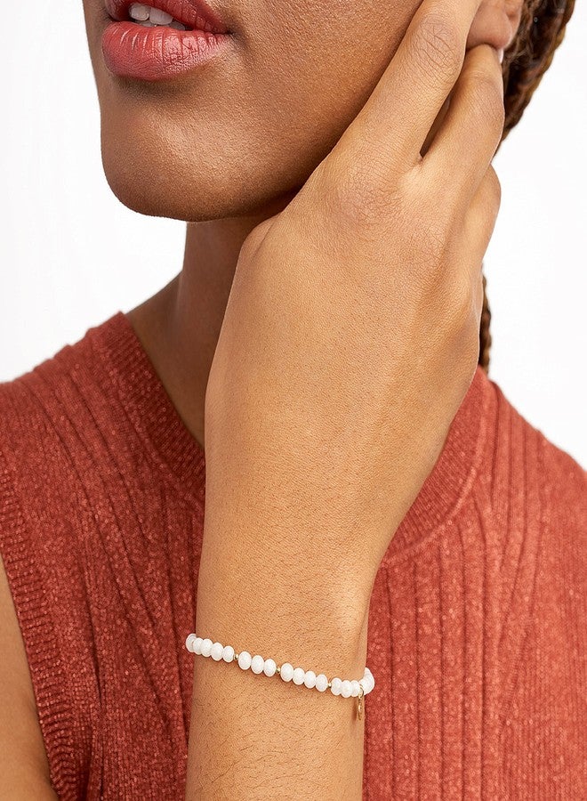 مورجان آند بايدج أساور مورغان آند بيج البرونزية المطلية بالذهب الأصفر عيار 18 قيراطًا، مرصعة بحجر القمر الأصلي، قابلة للتمدد للنساء - أساور أنيقة ورقيقة مزينة بخرز ذهبي للنساء، خرز من الأحجار الكريمة 4 مم، خفيفة الوزن وقابلة للتعديل بطول 6.5 بوصة - Image 2