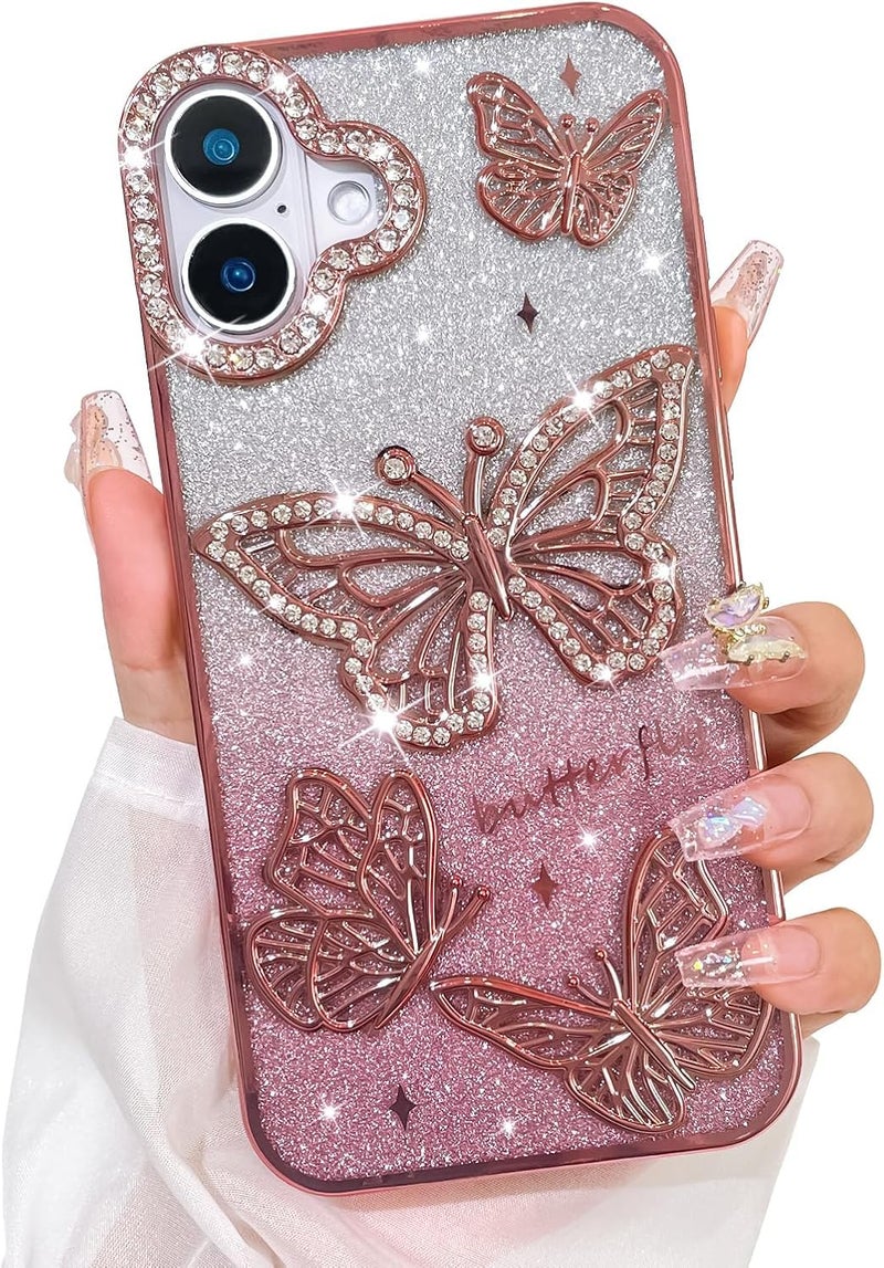 Elzzi Electroplated Butterfly Phone Cover for iPhone 17 Case, Showcasing Pearlescent Diamond Soft TPU, Camera Protection, Shockproof, Dropresistant Stylish for Girls & Women (Pink) - Image 1