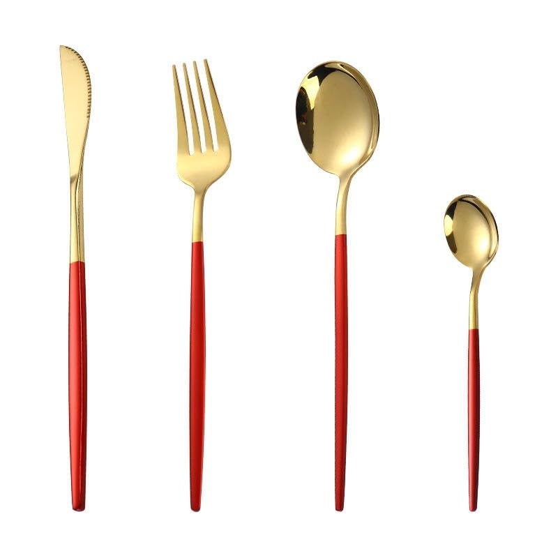 Iktu 24-Piece Stainless Steel Cutlery Set, Mirror Polished Tableware, Dishwasher Safe, Suitable for Housewarming Gift, Dining Table Decor (Red-Gold) - Image 3
