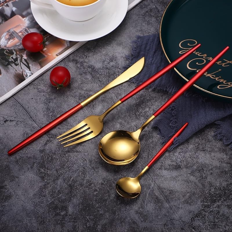 Iktu 24-Piece Stainless Steel Cutlery Set, Mirror Polished Tableware, Dishwasher Safe, Suitable for Housewarming Gift, Dining Table Decor (Red-Gold) - Image 2