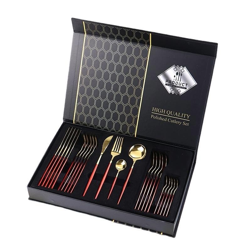 Iktu 24-Piece Stainless Steel Cutlery Set, Mirror Polished Tableware, Dishwasher Safe, Suitable for Housewarming Gift, Dining Table Decor (Red-Gold) - Image 5