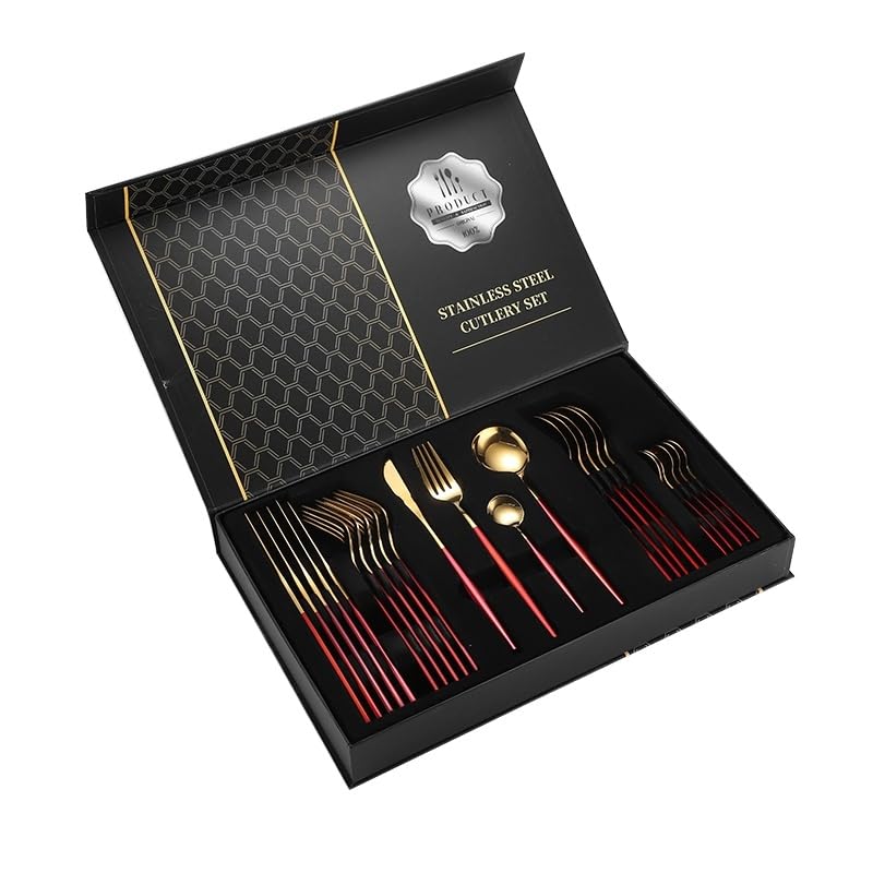 Iktu 24-Piece Stainless Steel Cutlery Set, Mirror Polished Tableware, Dishwasher Safe, Suitable for Housewarming Gift, Dining Table Decor (Red-Gold) - Image 1