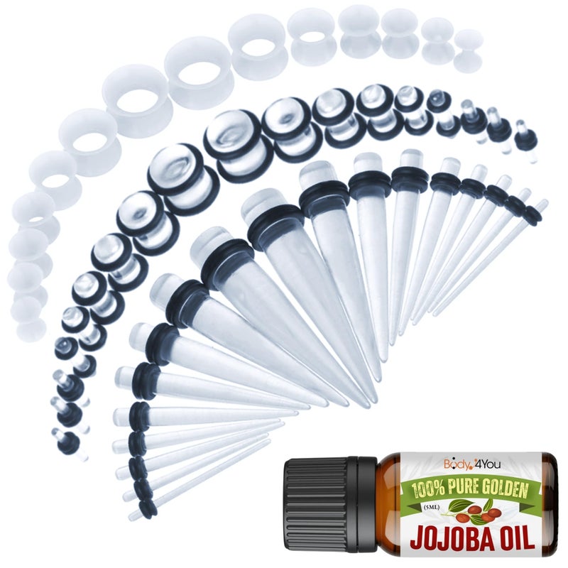 BodyJ4You 54PC Ear Stretching Kit 14G-12mm - Aftercare Jojoba Oil - Transparent Clear Acrylic Plugs Gauge Tapers Silicone Tunnels - Lightweight Expanders Men Women - Image 1