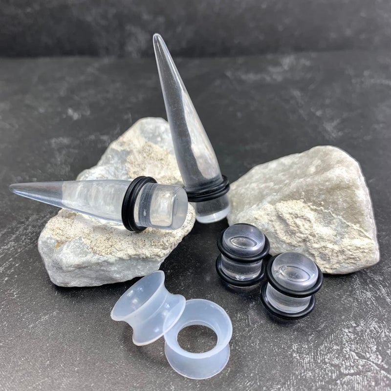 BodyJ4You 54PC Ear Stretching Kit 14G-12mm - Aftercare Jojoba Oil - Transparent Clear Acrylic Plugs Gauge Tapers Silicone Tunnels - Lightweight Expanders Men Women - Image 2