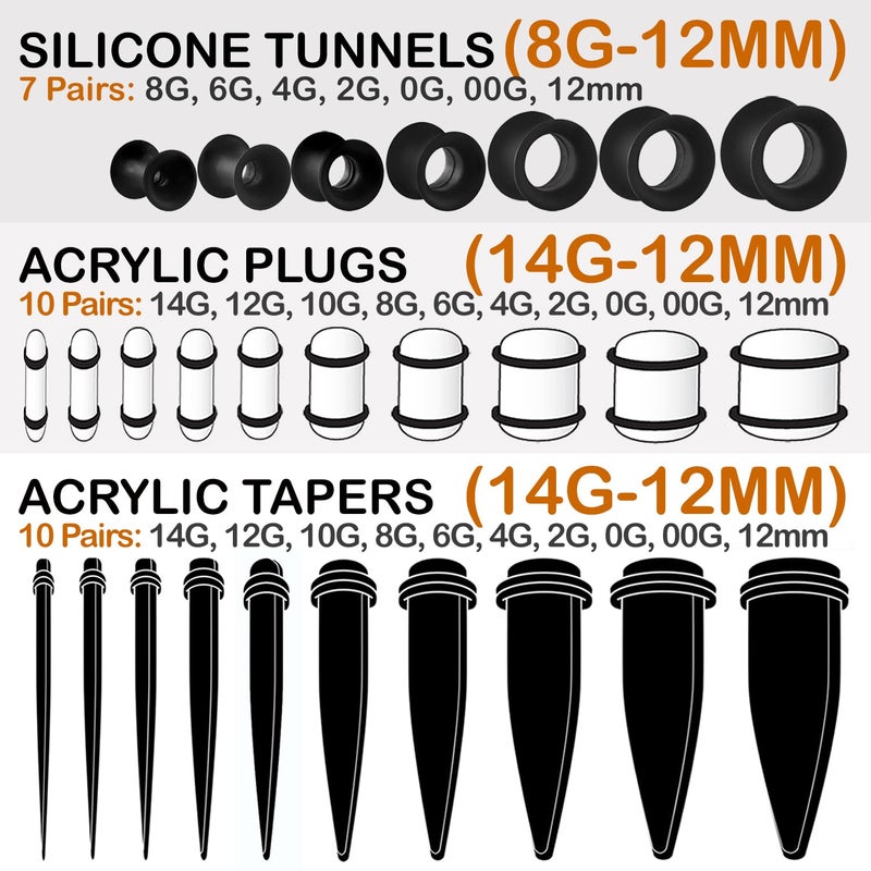 BodyJ4You 54PC Ear Stretching Kit 14G-12mm - Aftercare Jojoba Oil - Transparent Clear Acrylic Plugs Gauge Tapers Silicone Tunnels - Lightweight Expanders Men Women - Image 3