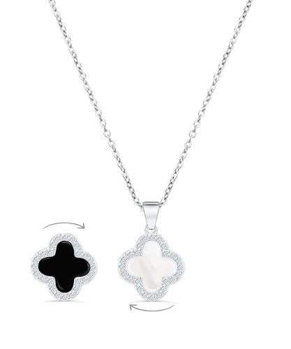 SHINYY 2 Side Crystal Clover Necklace for Women | 18K Gold Plated Four Leaf Lucky Pendant | 4 Leaf Cubic Zirconia Jewelry for Her (Silver & Black White) - Image 1