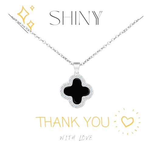 SHINYY 2 Side Crystal Clover Necklace for Women | 18K Gold Plated Four Leaf Lucky Pendant | 4 Leaf Cubic Zirconia Jewelry for Her (Silver & Black White) - Image 2
