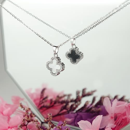 SHINYY 2 Side Crystal Clover Necklace for Women | 18K Gold Plated Four Leaf Lucky Pendant | 4 Leaf Cubic Zirconia Jewelry for Her (Silver & Black White) - Image 3