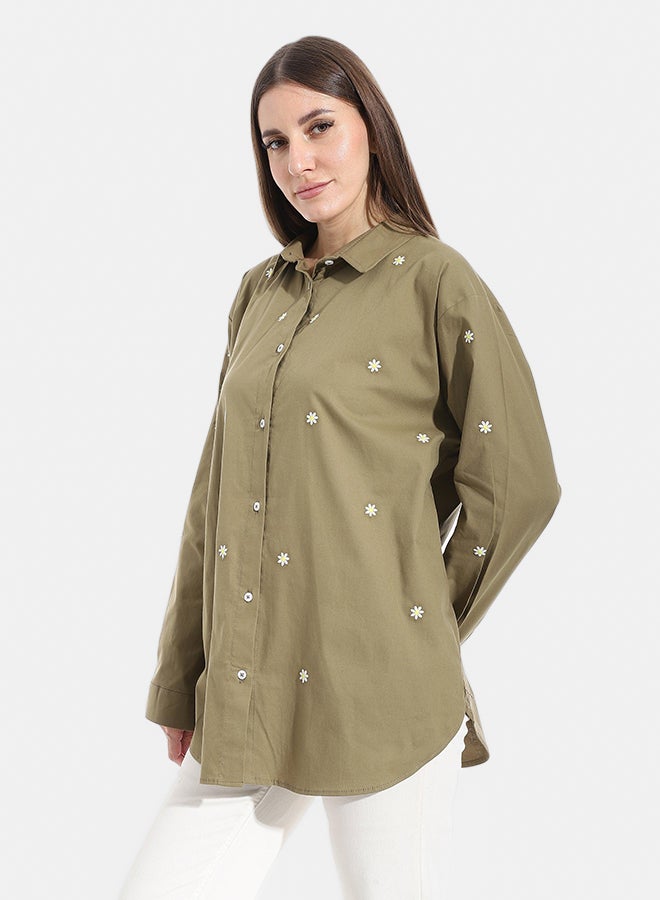 Andora Embroidered Turned Down Collar Button Closure Shirt _ Olive - Image 2