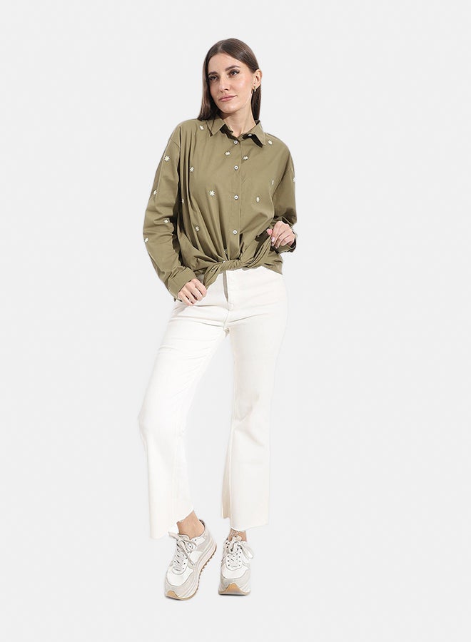 Andora Embroidered Turned Down Collar Button Closure Shirt _ Olive - Image 5