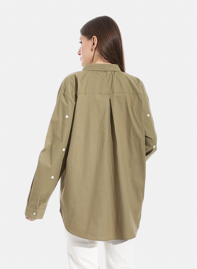 Andora Embroidered Turned Down Collar Button Closure Shirt _ Olive - Image 4