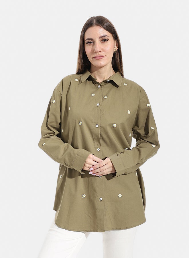 Andora Embroidered Turned Down Collar Button Closure Shirt _ Olive - Image 1