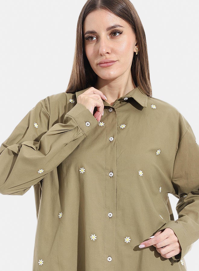 Andora Embroidered Turned Down Collar Button Closure Shirt _ Olive - Image 3