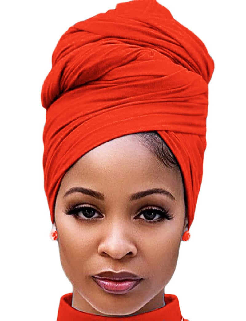 Harewom Headwraps for Women Solid Color Fashion Long Hair African Turban Muslim Headband for Braids Locs Curly Hair Orange - Image 1