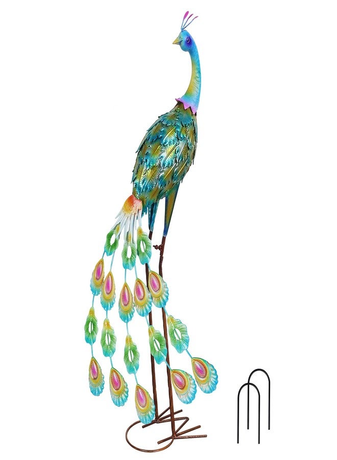 YEAHOME Garden Decor Outdoor Statues, 34" Large Metal Peacock Standing Yard Art, Blue Green Bird Lawn Sculptures Garden Decor for Outside Patio Porch Backyard - Image 1