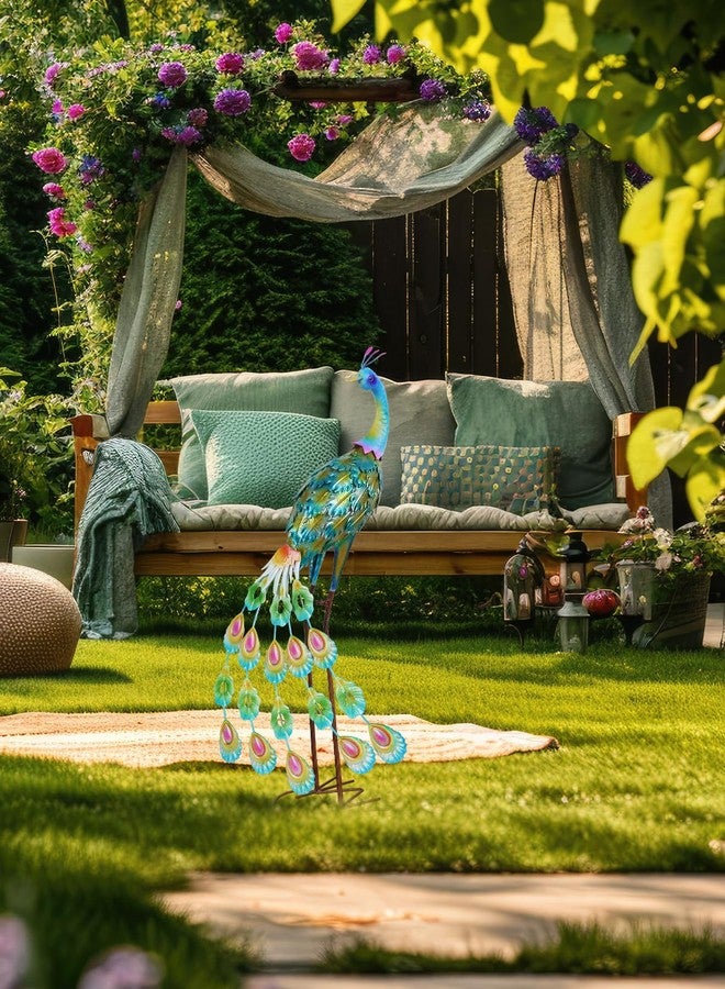 YEAHOME Garden Decor Outdoor Statues, 34" Large Metal Peacock Standing Yard Art, Blue Green Bird Lawn Sculptures Garden Decor for Outside Patio Porch Backyard - Image 3