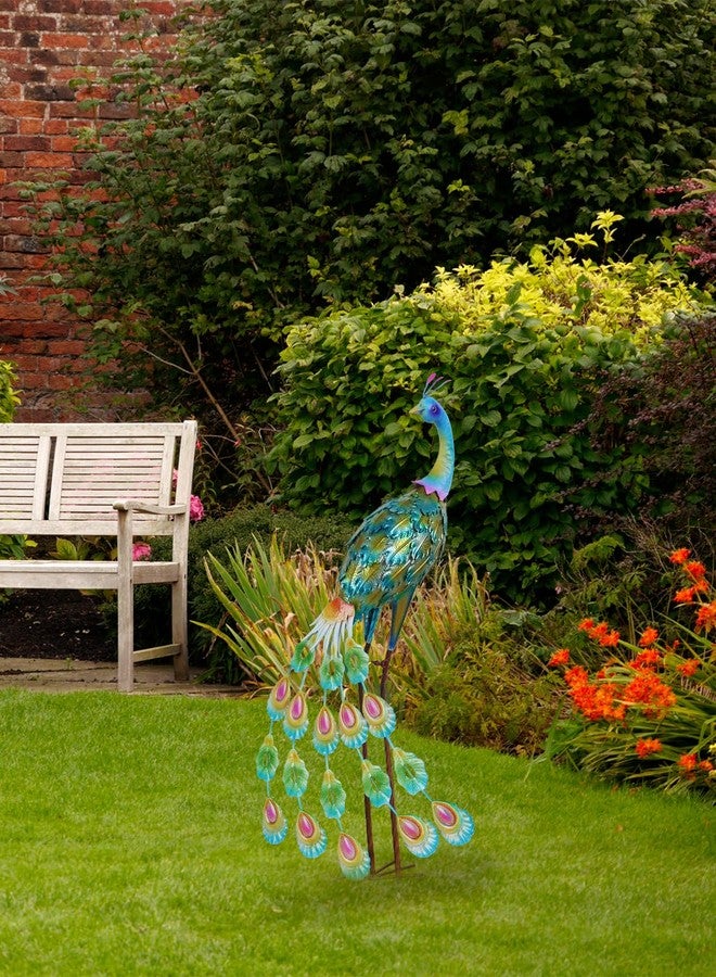 YEAHOME Garden Decor Outdoor Statues, 34" Large Metal Peacock Standing Yard Art, Blue Green Bird Lawn Sculptures Garden Decor for Outside Patio Porch Backyard - Image 2