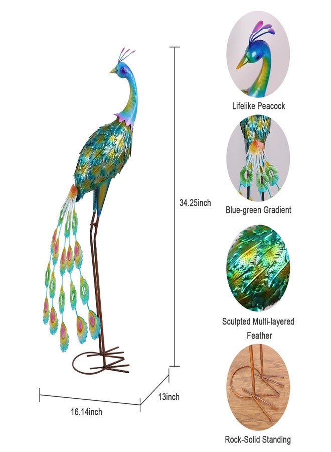 YEAHOME Garden Decor Outdoor Statues, 34" Large Metal Peacock Standing Yard Art, Blue Green Bird Lawn Sculptures Garden Decor for Outside Patio Porch Backyard - Image 4