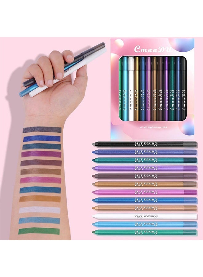 سمادو 12 ألوان Eyeliner مجموعة مع اثنين قلم رصاص حادة ، قلم رصاص ملونة ، طويلة الأمد مقاومة للماء الصبغة الملوثة دليل ظل العين قلم دودة الحرير - Image 4