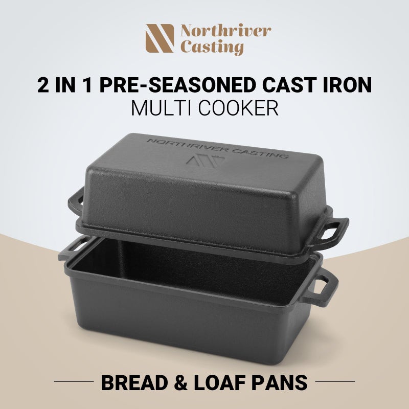 Northriver Casting 9Ã—5 Inch Cast Iron Loaf Pan with Lid | Bread Baking Pan | Even Heat Distribution for Homemade Bread, Cake, and Meatloaf | 2 Piece Set - Image 2