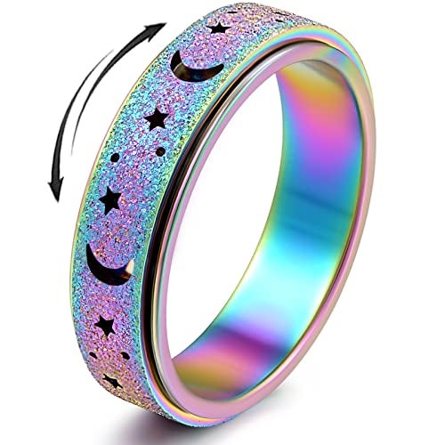 OreilleStar Anxiety Ring for Women Spinner Ring Fidget Ring Fidget Toys Adults Stainless Steel Thumb Rings for Women Fidgit Ring Men Moon Star Rainbow 6 - Image 1