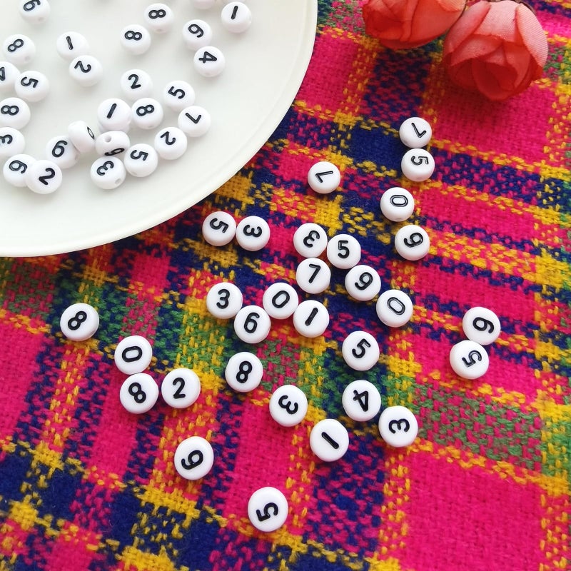 Looconi Amaney 500pcs White Acrylic Number Beads 7x4mm Mixed Number Beads Acrylic Plastic Round Shape Loose Beads - Image 5
