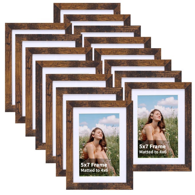 4X6 PICTURE FRAMES RUSTIC BROWN WOOD SET OF 15 DISPLAY MULTI 4X 6 PHOTOS WITH MAT OR 5X7 WITHOUT MAT BULK MATTED 4X6 FRAMES FOR WALL OR TABLE TOP