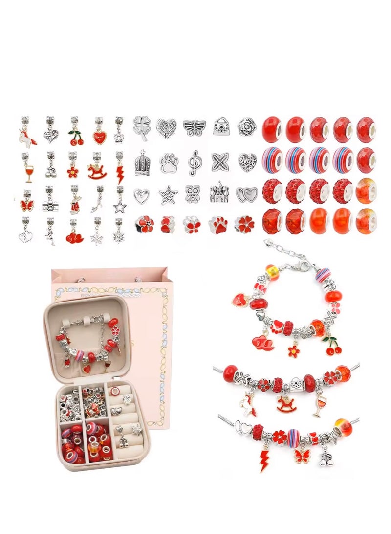 Capstro 68PCS Charm Bracelet Making Kit for Girls – DIY Jewelry Kit with Snake Chain Bracelets, Charms & Gift Box – Perfect Birthday, Christmas, Ramadan & Eid Gift for Kids Ages 6-12 (Red) - Image 1