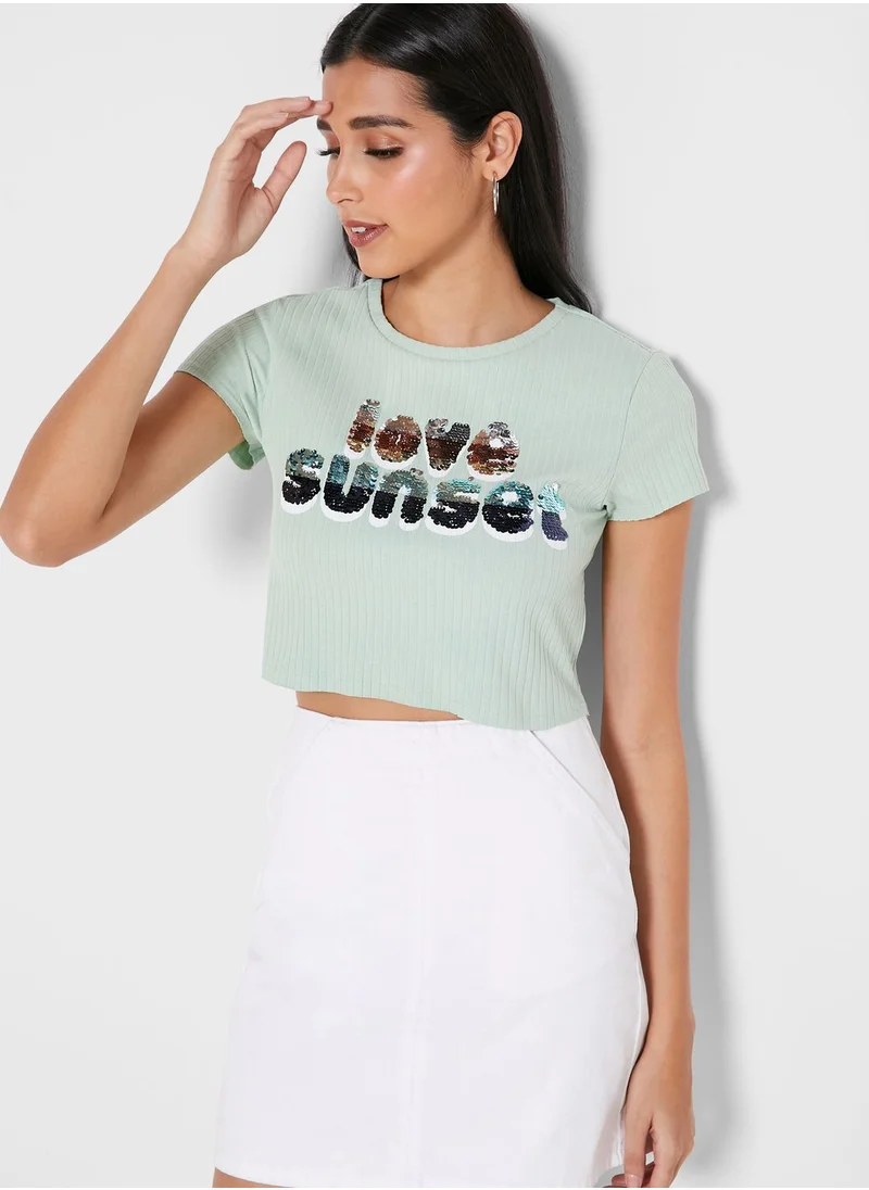 ONLY Sequined Slogan T-Shirt