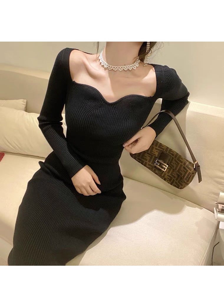 Generic 2023 Autumn/Winter New Arrival Womens Knit Dress V-Neck Long Sleeve Medium-Length Slimming Base Layer Fashion Outfit Black (normal version) 