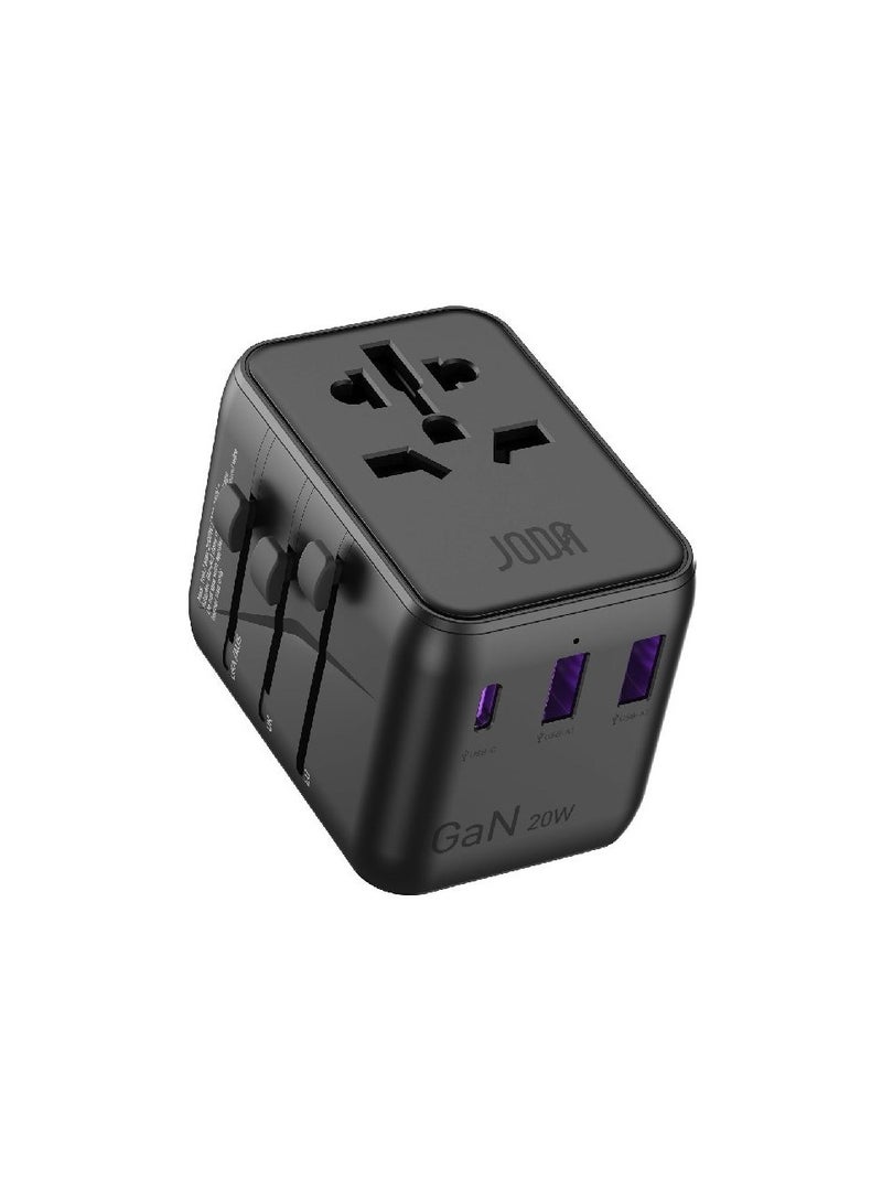JODA Travel adapter with multiple ports and 20W power, equipped with advanced GaN technology for high performance and lower heat.Includes 2 USB-A ports and 1 USB-C port to charge three devices at the same time.Operates with an input voltage of 100 to 240V, making it ideal for international travel.Equipped with a replaceable 10A fuse for added protection and guaranteed safety. - Image 1