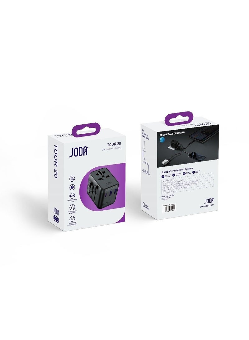 JODA Travel adapter with multiple ports and 20W power, equipped with advanced GaN technology for high performance and lower heat.Includes 2 USB-A ports and 1 USB-C port to charge three devices at the same time.Operates with an input voltage of 100 to 240V, making it ideal for international travel.Equipped with a replaceable 10A fuse for added protection and guaranteed safety. - Image 2