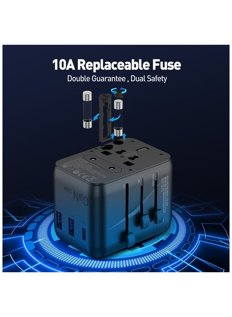 JODA Travel adapter with multiple ports and 20W power, equipped with advanced GaN technology for high performance and lower heat.Includes 2 USB-A ports and 1 USB-C port to charge three devices at the same time.Operates with an input voltage of 100 to 240V, making it ideal for international travel.Equipped with a replaceable 10A fuse for added protection and guaranteed safety. - Image 5