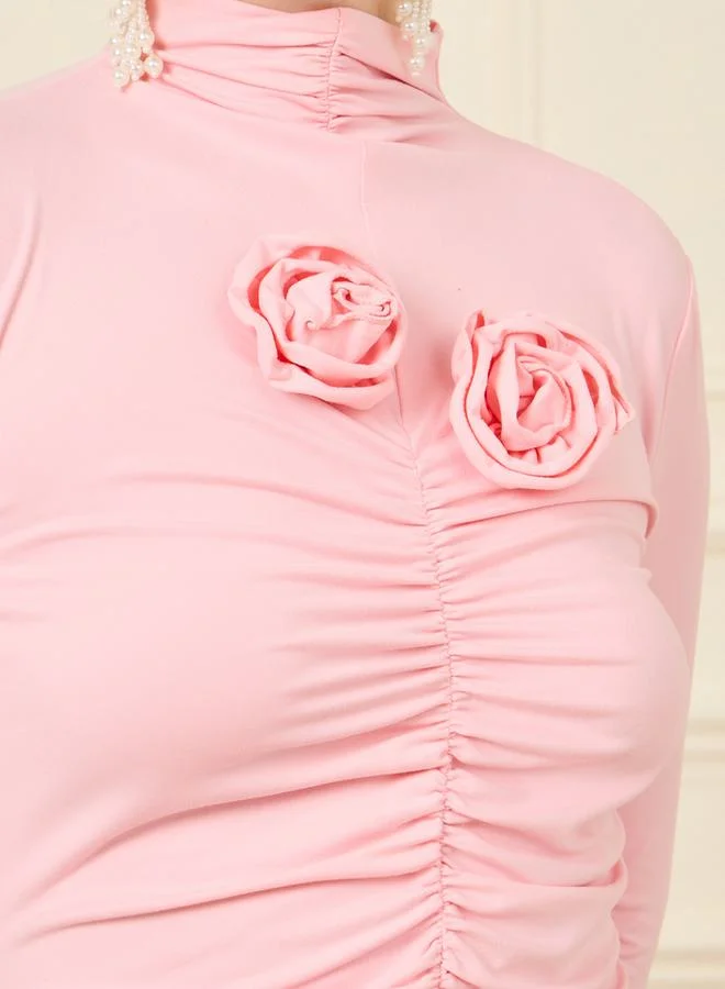 Styli Gathered Front Floral Applique Detail Knit Top
