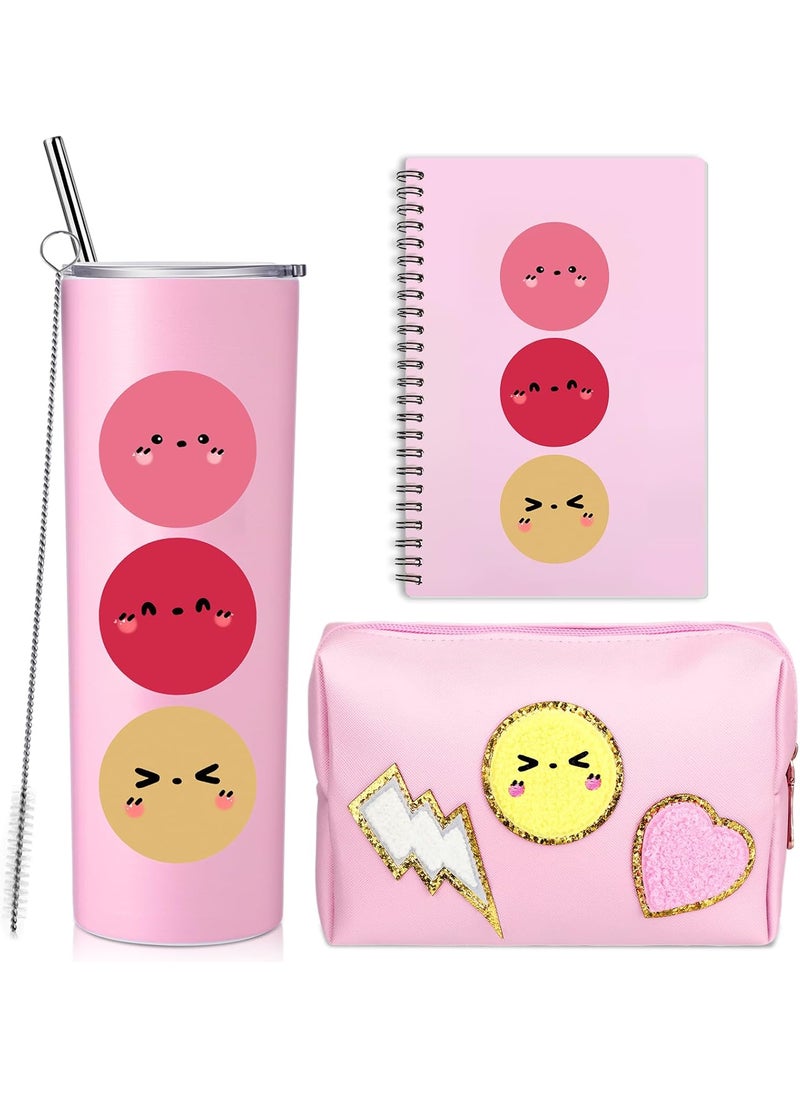 Fumete - Fumete 3 Pcs Thank You Pink Gift Set Include 20 oz Preppy Stainless Steel Tumbler Preppy Notebook PU Leather Waterproof Makeup Cosmetic Bag Valentine‘s Day Graduation Back to School Gifts(Smile Face) - Image 1