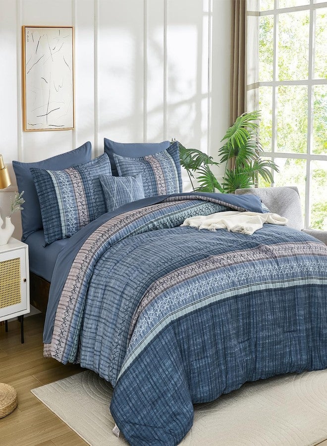 Dintszyayue Blue Comforter Set Queen Size, 8 Pieces Boho Striped Bed in a Bag Soft Microfiber Bedding Set for All Season - Image 1
