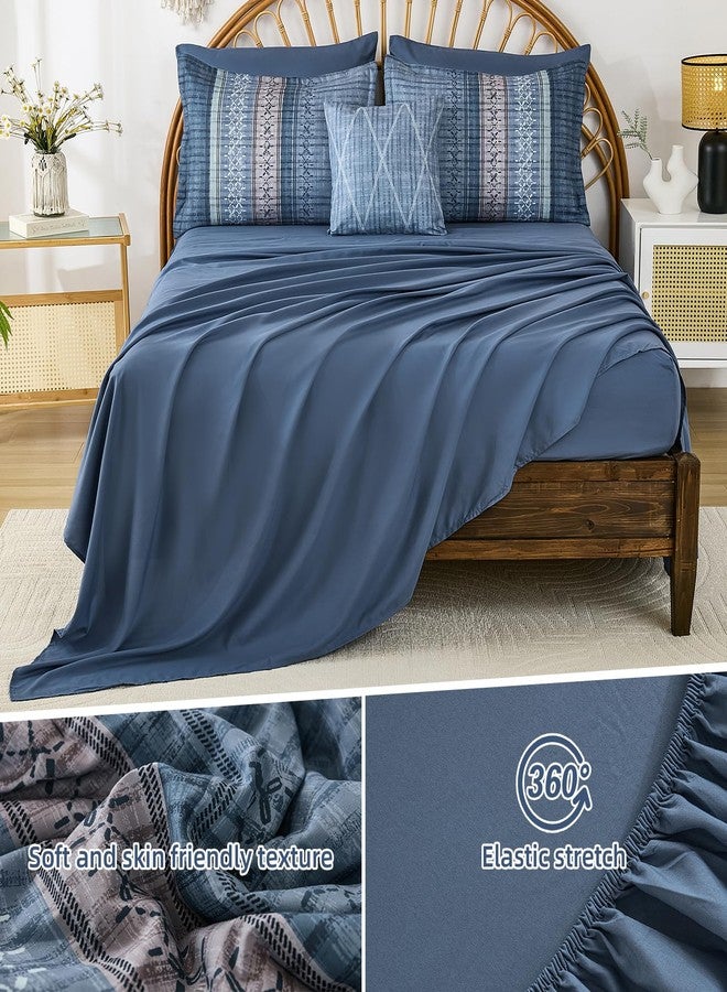 Dintszyayue Blue Comforter Set Queen Size, 8 Pieces Boho Striped Bed in a Bag Soft Microfiber Bedding Set for All Season - Image 5